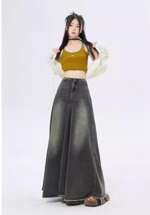 Retro Black Denim Skirt for Women in Spring and Autumn Fat pearshaped Midlength Fishtail