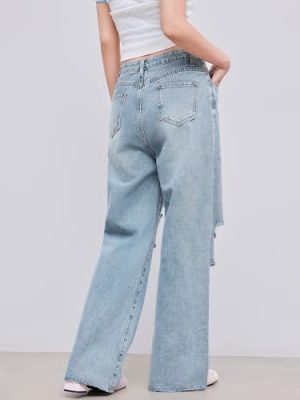 Women’s Ripped Jeans High Waisted Distressed Baggy Straight Wide Leg Pants