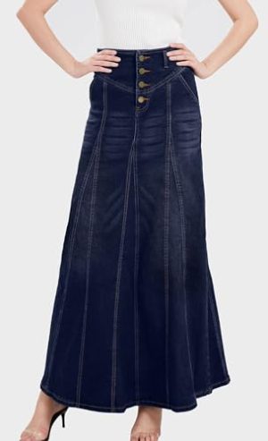 Women's Retro Exposure Button-Fly Packaged Hip A-Line Maxi Long Denim Skirt