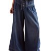 Women's Baggy Wide Leg Denim Pants Drawstring Midi Waisted Flare Jeans Ruffle Pleated Button Jeans