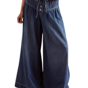 Women's Baggy Wide Leg Denim Pants Drawstring Midi Waisted Flare Jeans Ruffle Pleated Button Jeans