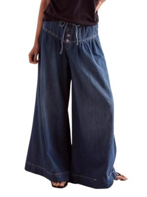 Women's Baggy Wide Leg Denim Pants Drawstring Midi Waisted Flare Jeans Ruffle Pleated Button Jeans