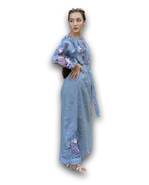 New Collection 2023 Ukrainian Vyshyvanka Dress Floral Bohemian Dress Embroidered Summer Boho Dress Long Linen Dress Blue Jeans