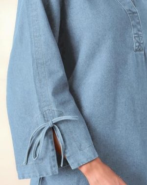 Womens Denim Shirt Dress Collared V Neck Bell Long Sleeve Mini Casual A-line Jean Dresses with Bow