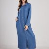 Womens Casual Button Down Denim Maxi Dress Lapel Long Sleeve Long Jean Dresses with Pockets