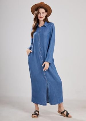 Womens Casual Button Down Denim Maxi Dress Lapel Long Sleeve Long Jean Dresses with Pockets