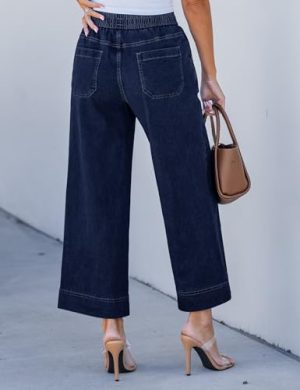 Wide Leg Jeans for Women High Waisted Cropped Pull On Jeans Elastic Wasit Drawstring Stretch Denim Trouser Pants