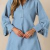 Womens Denim Shirt Dress Collared V Neck Bell Long Sleeve Mini Casual A-line Jean Dresses with Bow