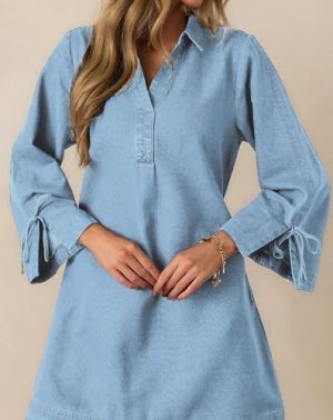 Womens Denim Shirt Dress Collared V Neck Bell Long Sleeve Mini Casual A-line Jean Dresses with Bow