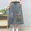 Denim Skirt for Women in Spring Summer Retro Ethnic Style Embroidered Waist Loose Slim Casual Midlength