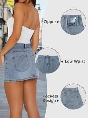 Womens Denim Skirt Casual Mini Jean Skirt Stretch Low Waist Jean Skirt for Women Zip Fly Denim Mini Skirts