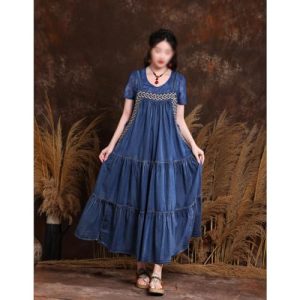Loose Denim Long Skirt, Retro Embroidered Oversized Dress
