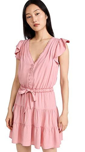 Women's Rosalee Mini Dress Tiered Skirt Covered Button in Lipstick Pink