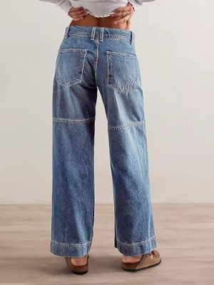 Women's Stitch Detail Mid Waist Straight Leg Jeans Without Belt