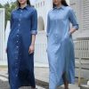 Flattering Belted A Line Summer Dress Casual Denim Midi Dress Ankle Length Long Sleeve Pullover Blouse Skirt(Blue,X-Small Tall)
