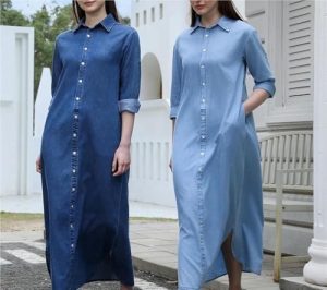 Flattering Belted A Line Summer Dress Casual Denim Midi Dress Ankle Length Long Sleeve Pullover Blouse Skirt(Blue,X-Small Tall)