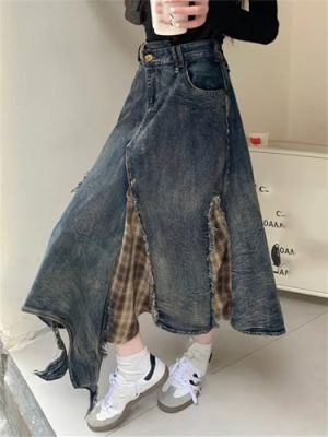 Women's Plaid Denim Skirt, Asymmetric Patchwork High Waist Skirt