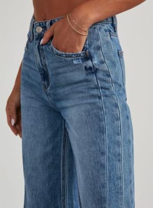 Women's Wide Leg Jeans High Waisted Strechy Raw Hem Zimbaplatinum Denim Pants