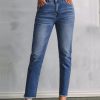 Women's High Waisted Jeans Strechy Fashion Raw Hem Straight Leg Ankle Denim Pants with Pockets