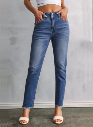 Women's High Waisted Jeans Strechy Fashion Raw Hem Straight Leg Ankle Denim Pants with Pockets