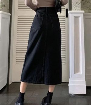 Retro Front Slit Denim Skirts Female Summer 2025 Casual Washed High Waist Long Skirt Women All-Match Design Street Midi Skirt