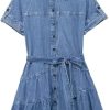Summer Womens Denim Dress Turn Down Collar Single Breasted Mini Pleated Lace Up Casual Dress