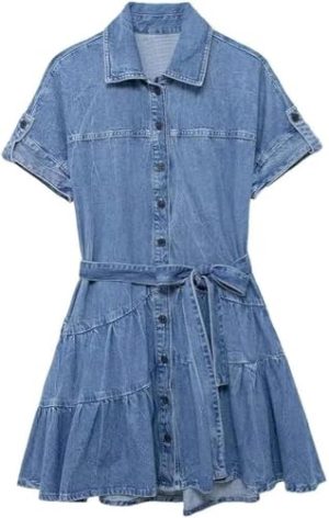 Summer Womens Denim Dress Turn Down Collar Single Breasted Mini Pleated Lace Up Casual Dress