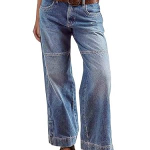 Women's Stitch Detail Mid Waist Straight Leg Jeans Without Belt