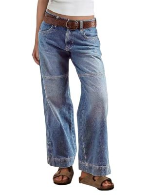 Women's Stitch Detail Mid Waist Straight Leg Jeans Without Belt