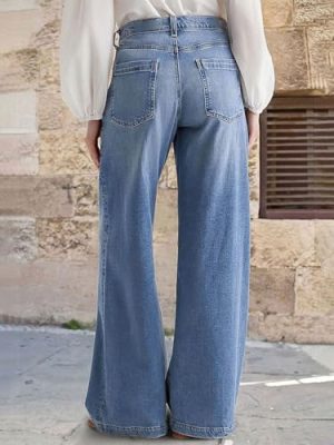 Wide Leg Jeans for Women Mid Waist Baggy Stitch Decor Denim Washed Pants Without Belt