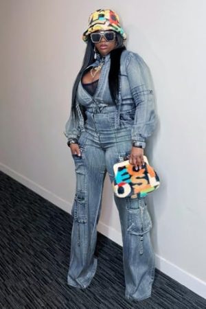Women's Two Piece Denim Outfits Long Sleeve Cropped Jean Jacket Cargo Pants with Pockets Y2K Tracksuit Set