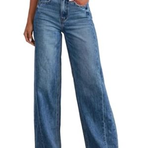 Women's Wide Leg Jeans High Waisted Strechy Raw Hem Zimbaplatinum Denim Pants