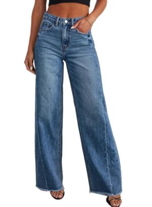Women's Wide Leg Jeans High Waisted Strechy Raw Hem Zimbaplatinum Denim Pants