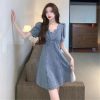 Summer Womens Blue Comfortable Denim Dress Puff Sleeve Short Casual Jean Dress