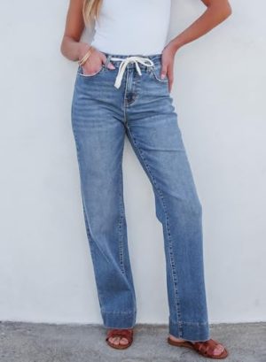 Women's Wide Leg Jeans High Waisted Stretchy Straight Leg Baggy Drawstring Zimbaplatinum Denim Pants
