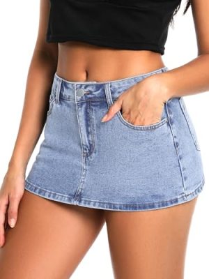 High Stretchy Mini Skort Skirt for Women,Low Waist Denim Skort Shorts with Pockets