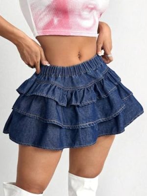Women's Y2K Solid Ruffle Denim Skirt Drop Low Waist A Line Jean Skirt Casual Tiered Layer Hem Tiered Mini Skirt
