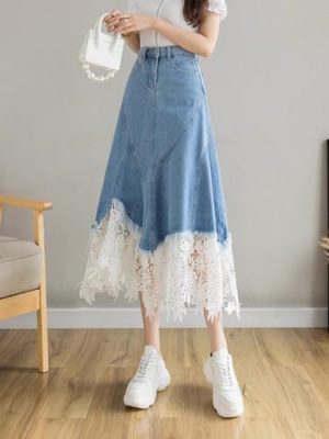 Lace ​​Denim Skirt for Women Summer Waist Midlength Retro Irregular