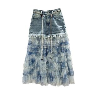 Women's Tie-Dye Denim Maxi Skirt, Gauze Patchwork with Distressed Hem Detail