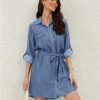 Women's Casual Button Down Jean Shirt Dress Long Sleeve Tie Waist Lightweight Denim Shirt Dress