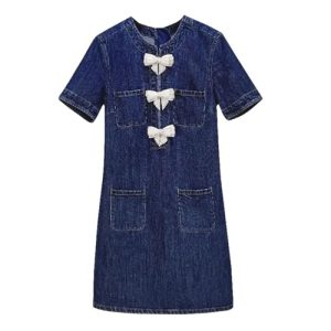 Women's Denim Bow Dress - Vintage Washed Blue Summer