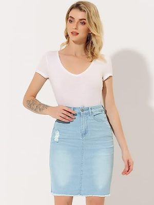 Denim Skirt for Women's Casual Distressed Knee Length Jeans Skirts
