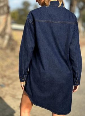 Women's Collared Denim Dress Casual Long Sleeve Button Down Jean Shirt Dresses with Pockets