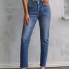 Women's High Waisted Jeans Strechy Fashion Raw Hem Straight Leg Ankle Denim Pants with Pockets
