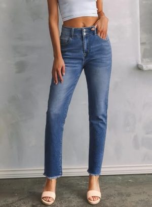 Women's High Waisted Jeans Strechy Fashion Raw Hem Straight Leg Ankle Denim Pants with Pockets