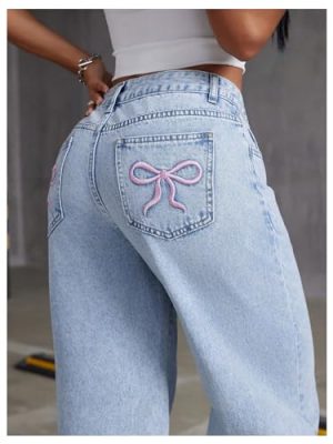 Women's Bowknot Embroidery Jeans Y2k Straight Leg Boyfriend Denim Pants