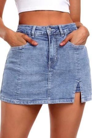 Women’s Side Slit Denim Skort, High-Stretch,High Waisted,Y2K Mini Jean Skirt Shorts with 5 Pockets