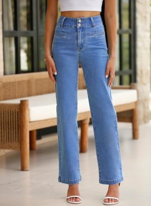 Women's Jeans High Waisted Straight Leg Stretchy Jeans Trendy Welt Pockets Loose Wide Leg Zimbaplatinum Denim Pants