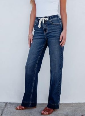 Women's Wide Leg Jeans High Waisted Stretchy Straight Leg Baggy Drawstring Zimbaplatinum Denim Pants
