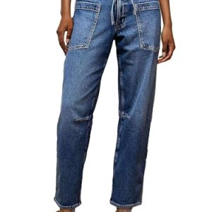 Women’s Chic Stylish Mid Waist Wash Drawstring Stitch Detail Carrot Jeans